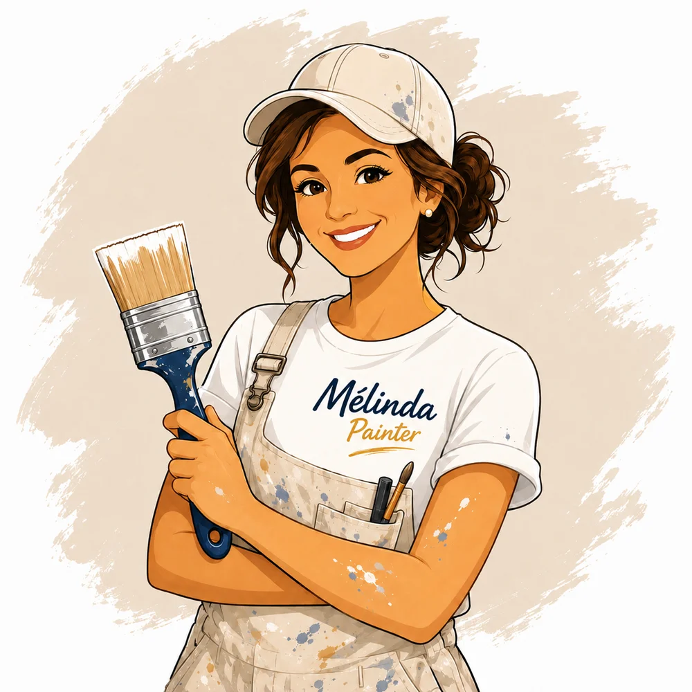 Illustration of M&eacute;linda, Ottawa painter, smiling and holding a paint brush