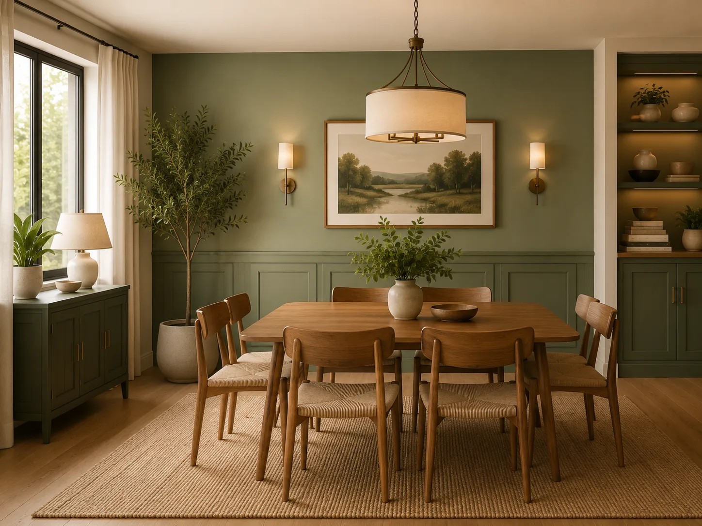 Sage green dining room with painted wainscoting and trim
