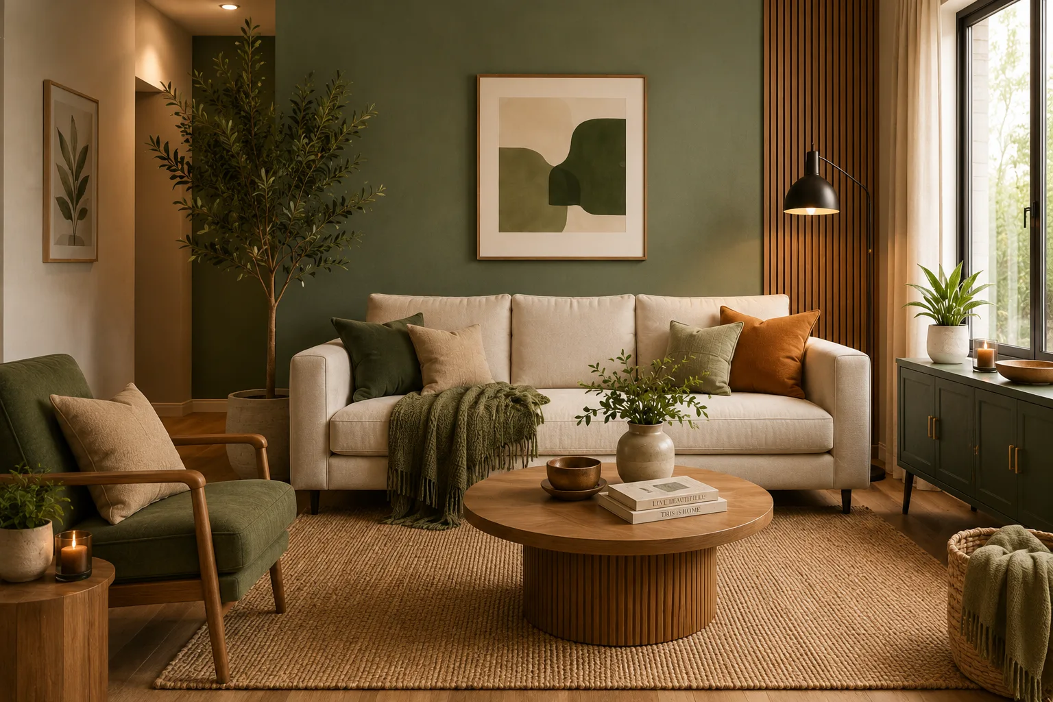 Warm sage green living room with freshly painted walls