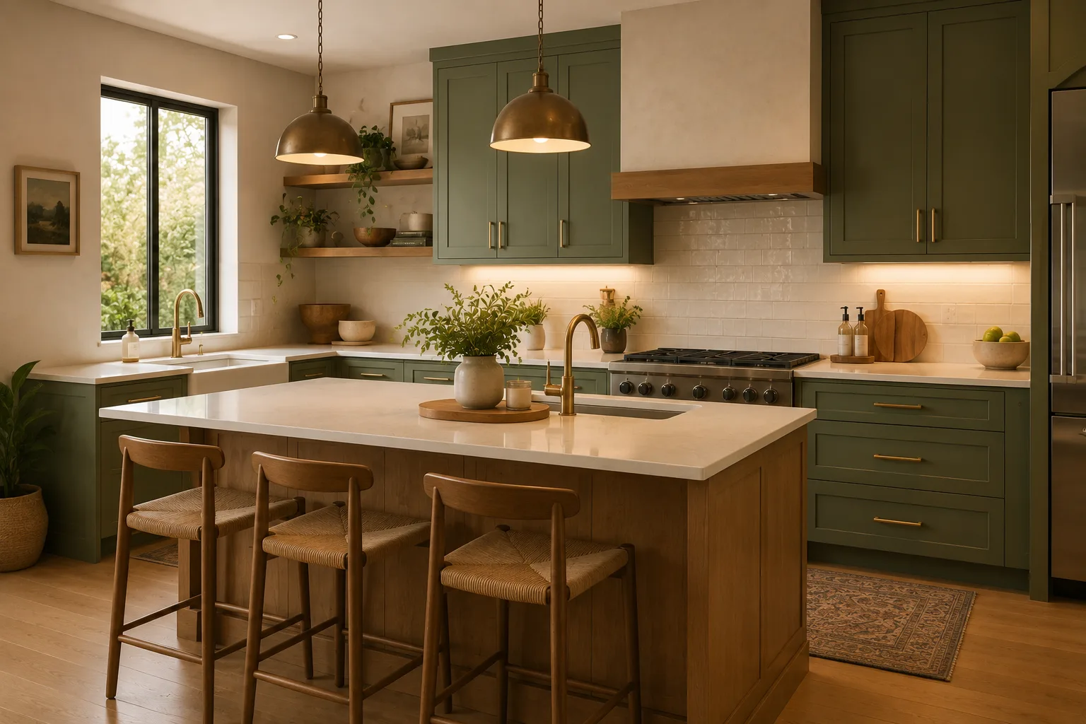 Kitchen with sage green painted cabinets