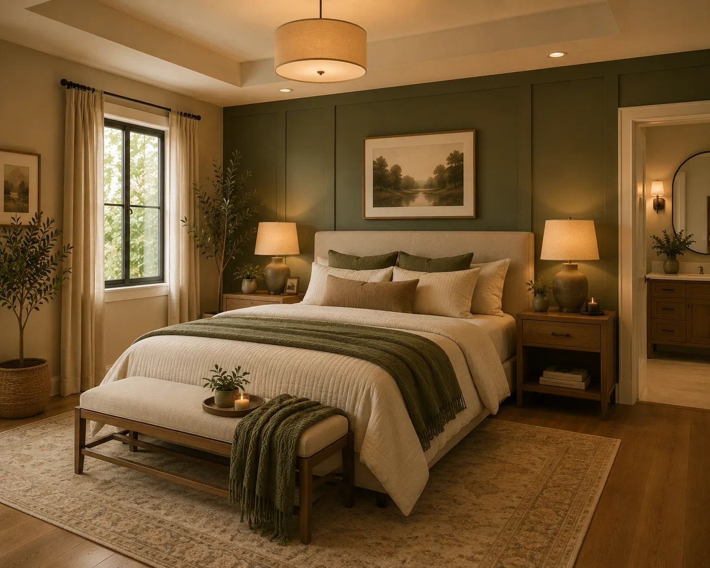 Bedroom with painted panelled wall and tray ceiling