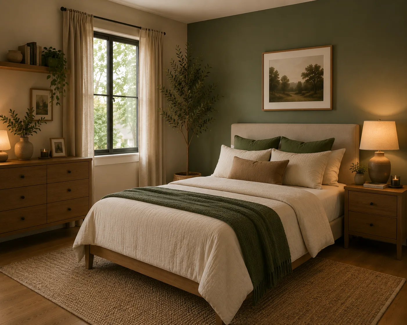 Bedroom with a rich sage green accent wall
