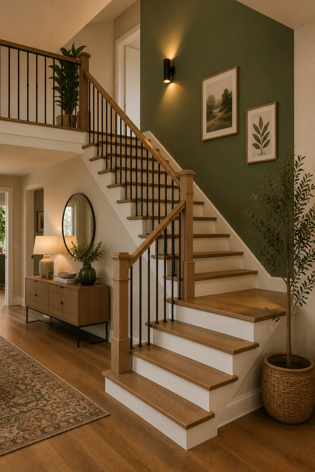 Staircase with painted risers, railings, and sage green feature wall